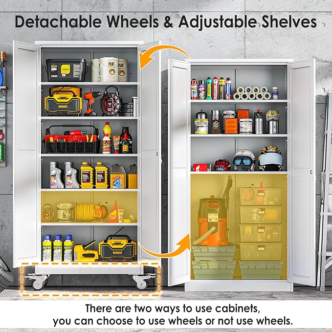 75''H Metal Garage Storage Cabinet with Wheels,Steel File Cabinets with 2 Doors and 5 Adjustable Shelves for Home Office, Warehouse, Required Assembly,White