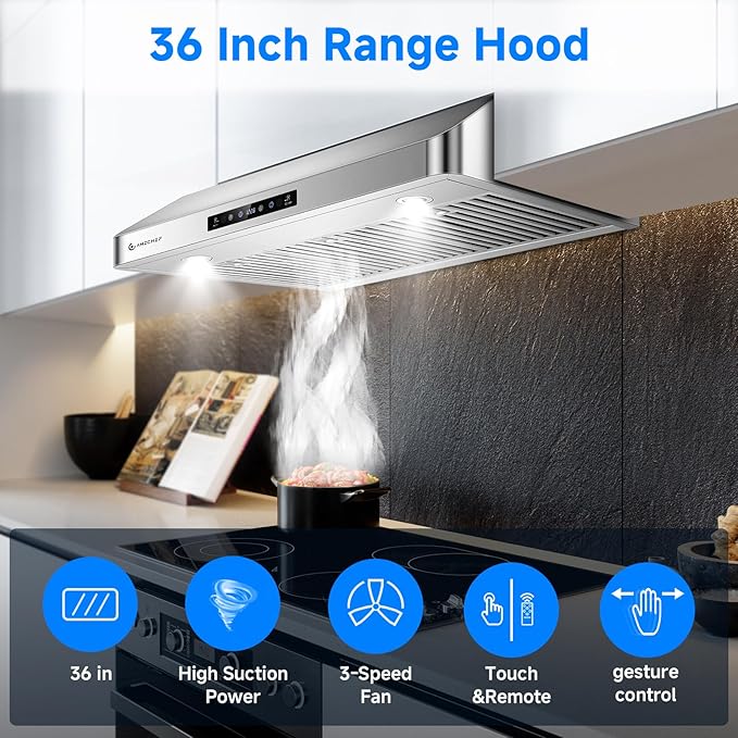AMZCHEF Under Cabinet Range Hood 36 Inch, 700CFM Stainless Steel Kitchen Stove Vent Hood 3 Speed Exhaust Fan Touch/Remote/Gesture Control LED lights Time Setting Dishwasher-Safe Baffle Filters