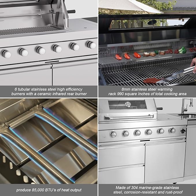 104 Inch Outdoor Kitchen Island, 7200 BTU Gas Grill Combination With Refrigerator and Sink, Outdoor Stainless Steel Barbecue Bar, Natural Gas Barbecue Grill for Patios, Gardens, Parties