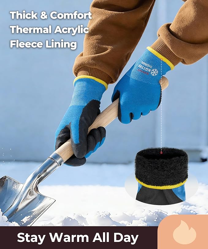 KAYGO Winter Work Gloves for Men and Women, 12 Pairs Thermal Insulated Safety Work Gloves PU Coated, Smooth Grip on Palm & Fingers,Ideal for Freezer Work,Blue,M
