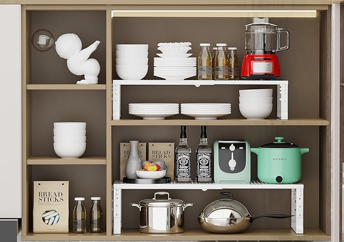 Expandable Adjustable Stackable Kitchen Organizer, Spice Rack,Metal Pantry Storage Shelves Racks,Counter Shelf for Cabinets, Countertop, Cupboard(2 Packs/Large/White)