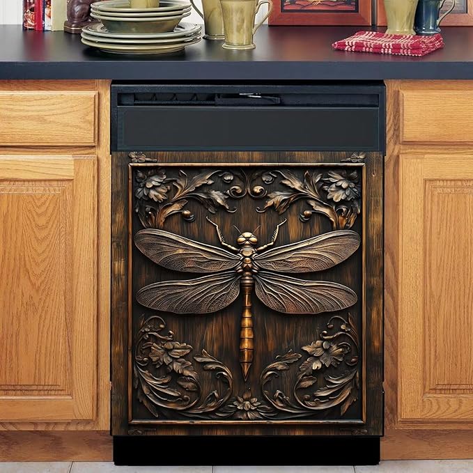 Farmhouse Dragonfly Dishwasher Magnet Cover,Vintage Dragonfly Wood Floral Magnetic Dishwasher Cover Vinyl Sticker,Fridge Door Cover Magnets Art Skin Panel Decal,Home Decor Decal,23"X26"