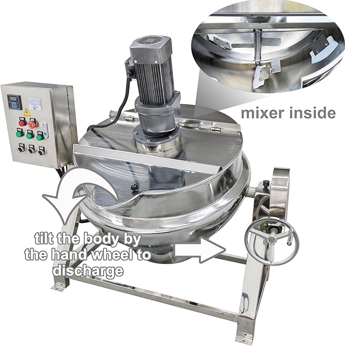 TECHTONGDA 54gallon Commercial Electric Cooking Machine Tilting Jacketed Pot Heating Kettle Stainless Steel with Stirrer 220V