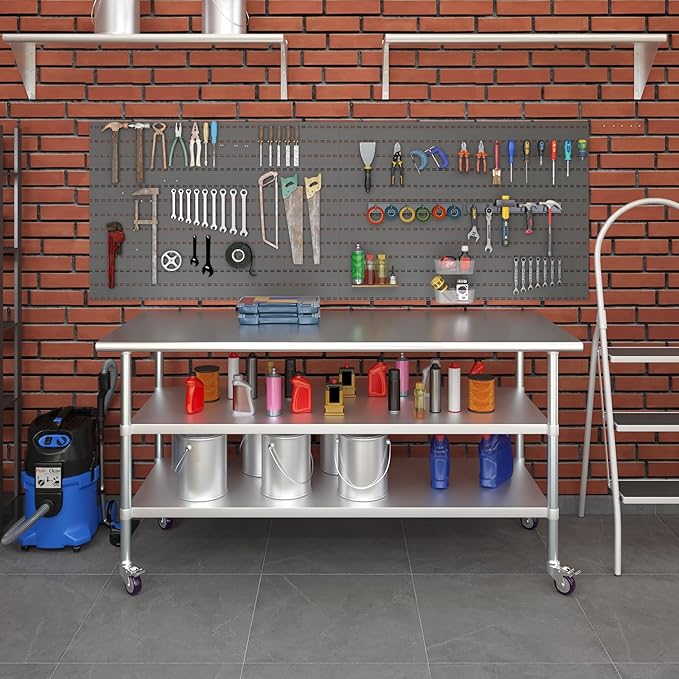 AmGood Stainless Steel Work Table with 2 Shelves and Casters | Metal Utility Table On Wheels (Stainless Steel Work Table with 2 Shelves + Casters, 72" Long x 30" Deep)