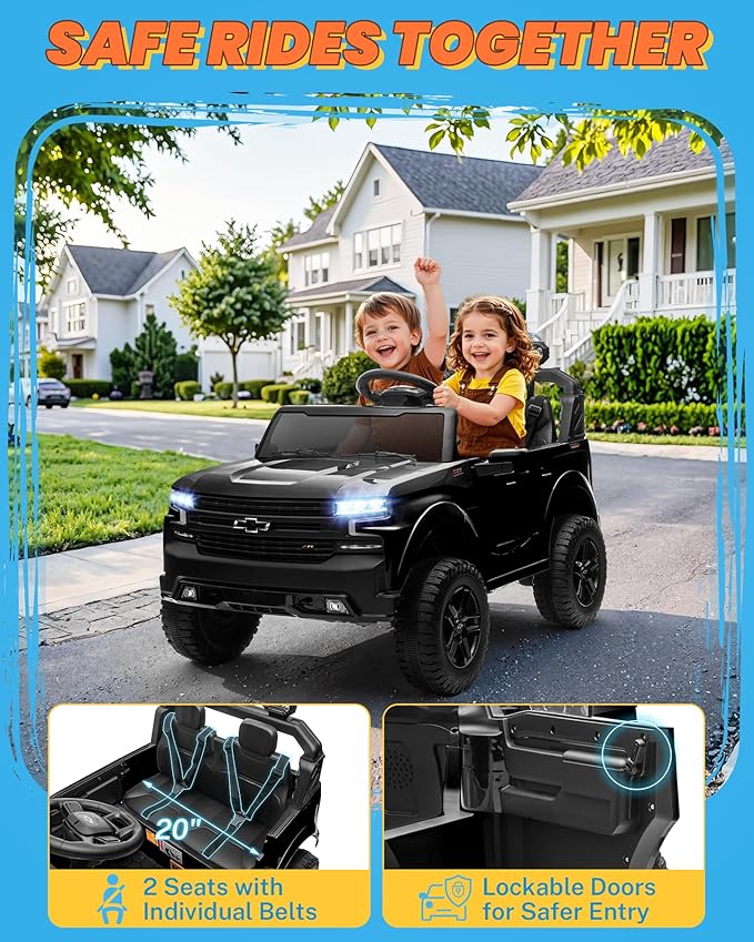ENYOPRO 24V Ride on Toys, Licensed Chevrolet Silverado LT Trail Boss 2 Seater Ride on Car for Kids, Toddler Electric Car w/Remote Control, Safety Belt, Truck Bed Storage, LED Lights, Bluetooth, Black