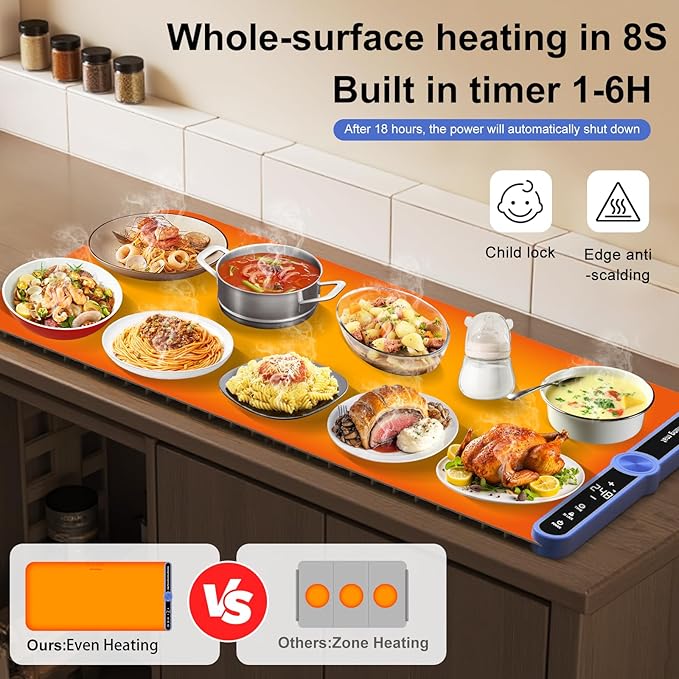 Electric Silicone Food Warmers for Parties Buffet XXL 40”X15” Extra Extra Large Food Warming Mat Keep Food Warm Last 18H Even Heating 104F to 248F with Child Lock Easy Clean