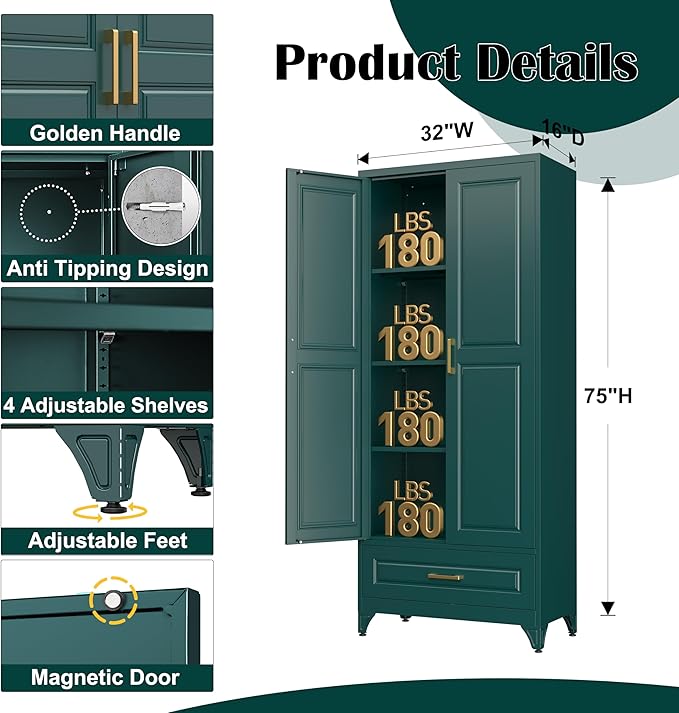 75" Kitchen Pantry Cabinet with Drawer, Metal Storage Cabinets with Doors and 4 Adjustable Shelves,Green Kitchen Cabinet with 2 Gold Handles,Food Cupboard for Livingroom,Pantry, Bathroom