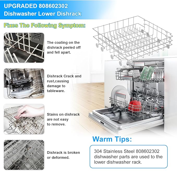 UPGRADED 808602302 Dishwasher Lower Dishrack for Frigidaire Kenmore Dishwasher Rack Replacement Parts with Wheel,808602302 154432602 Frigidaire Dishwasher Rack Parts 304 Stainless Steel Bottom Rack
