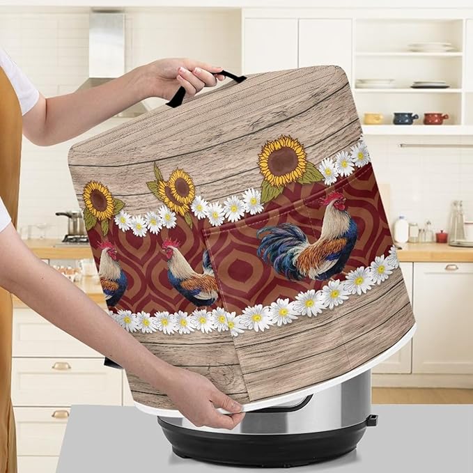 Air Fryer Dust Cover Compatible with 6 Quart Instant Pot, Insulated Kitchen Appliance Cover with Top Handle and Storage Pockets for Gift, Daisy Rooster Wood Grain