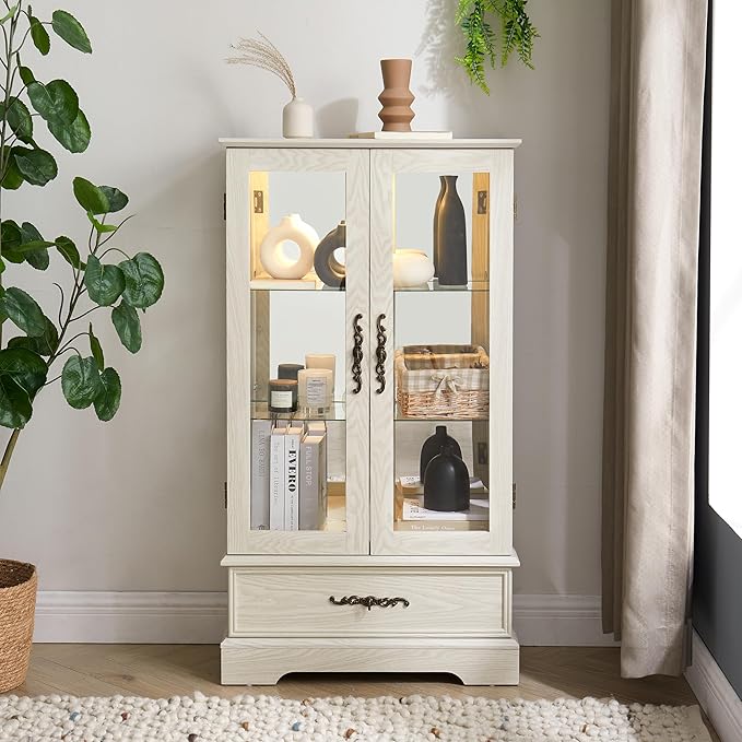 47" H Lighted Curio Cabinet Display Case, Glass Case with Adjustable Shelves,Tempered Glass Door and Drawer, Wooden Curio Cabinet with Mirrored Back Pane for Living Room (Antique White)