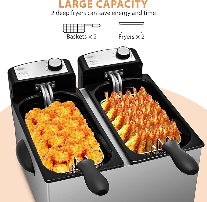 SUSTEAS Deep Fryer, 2 Baskets Electric Oil Fryer with 5.4QT/6L,3000W Timer Control Adjustable Temperature, Lid with Viewing Window and Odor Free Filter, Stainless Steel, Perfect for Kitchen, Fry Fish