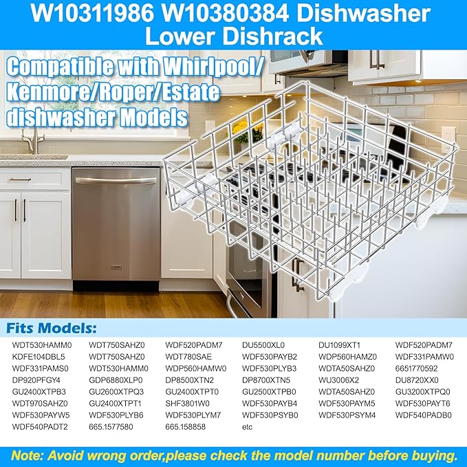 Upgraded W10311986 W10380384 Dishwasher Lower Rack 304 Stainless Steel Compatible with Whirlpool Dishwasher Racks Replacement Parts WDT750SAHZ0 WDTA50SAHZ0 Whirlpool Dishwasher Bottom Rack with Wheel
