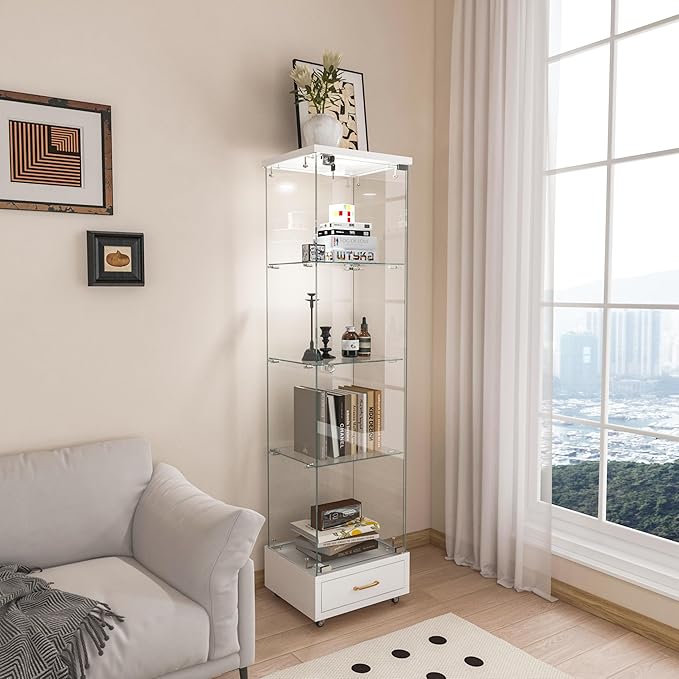 Yoluckea 4 Tiers Glass Display Cabinet with LED Lighting and Drawer, 1 Door Floor Standing Curio Cabinet with Wheel for Home, Office, Corner Display, White Glass Bookshelf for Collections and Decor