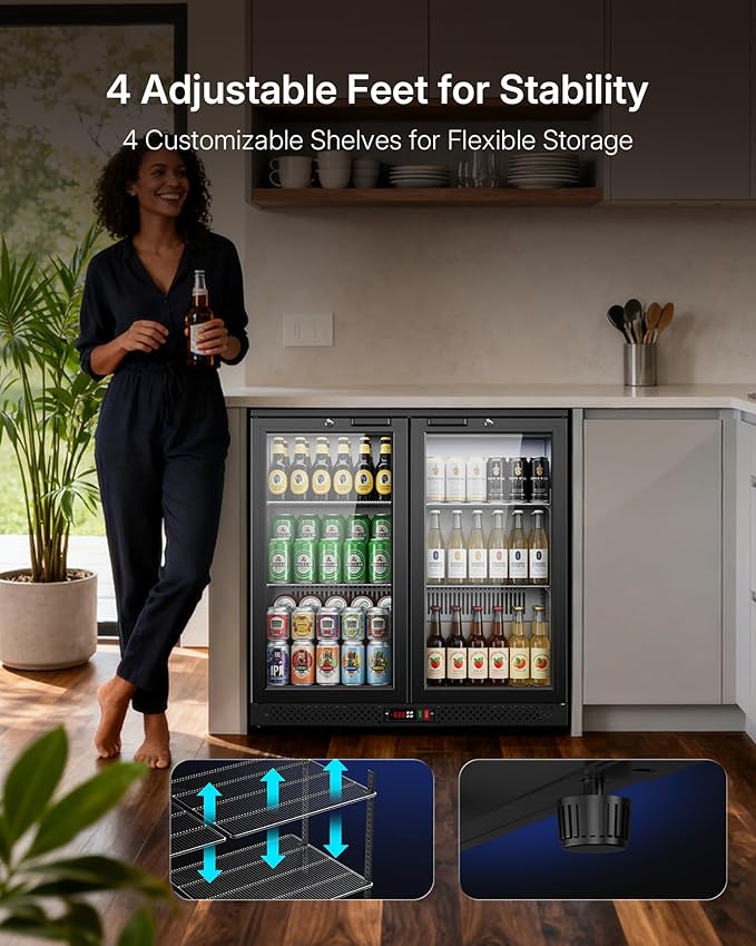 Upstreman 7.3 Cu.Ft Back Bar Cooler With 2 Glass Doors, Commercial Under Counter Beverage Refrigerator, Double-Pane Low-E Glass, Lockable Drink Fridge for Bars, Restaurants, Hotels & Home, BB73