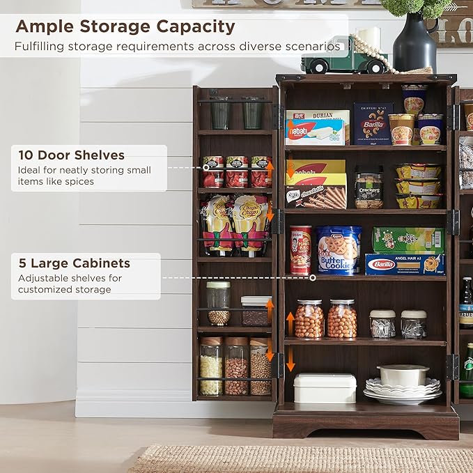 ACCOHOHO 47" Kitchen Pantry, Farmhouse Storage Cabinet with Barn Doors, Organizer and Adjustable Shelves, Rustic Wood Cupboard for Kitchen, Dining Room, Bathroom and Hallway, Brown