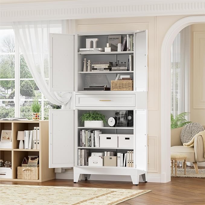 Metal Storage Cabinet with Drawer, 71" Tall Storage Cabinets with Adjustable Shelves, White Farmhouse Freestanding Kitchen Pantry Cabinet for Dining Room, Living Room