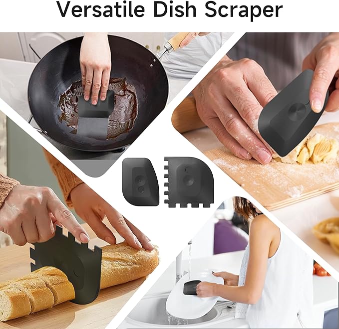 SUBEKYU Cast Iron Scrubber with Silicone Handle, Stainless Steel Skillet Cleaner for Cast Iron Pans (Black Scrubber + Scraper)