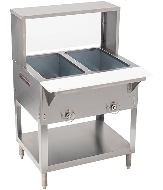 Kratos Commercial Electric Steam Table/Hot Food Table with Overshelf and Sneeze Guard, 2 Wells, Stainless Steel, Stationary, NSF, 120V (28W-191)