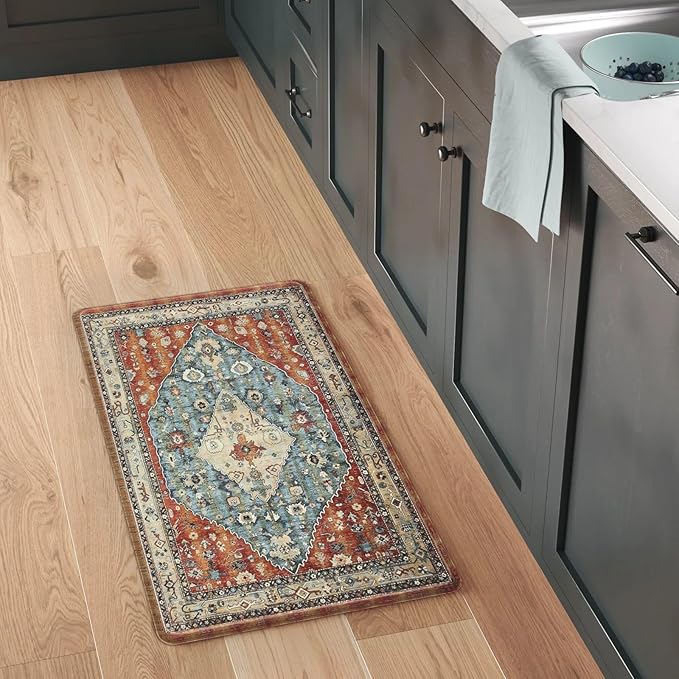 Collive Boho Kitchen Mats Cushioned Anti Fatigue Mats, Non-Slip Kitchen Floor Mats, Standing Kitchen Mats for Office, Sink, Laundry, 17”x30” Red Waterproof Kitchen Rug