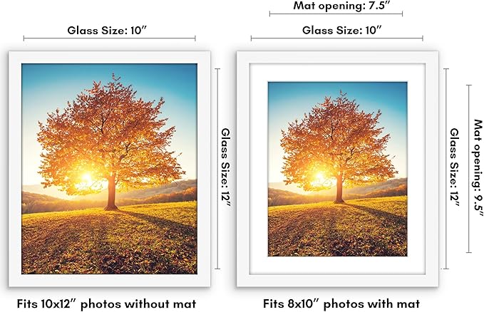 Americanflat 10x12 Picture Frame with Shatter-Resistant Glass - Use as 8x10 Frame with Mat or Display 10x12 Photo Without Mat - Signature Collection - Picture Frames for Wall Display - White