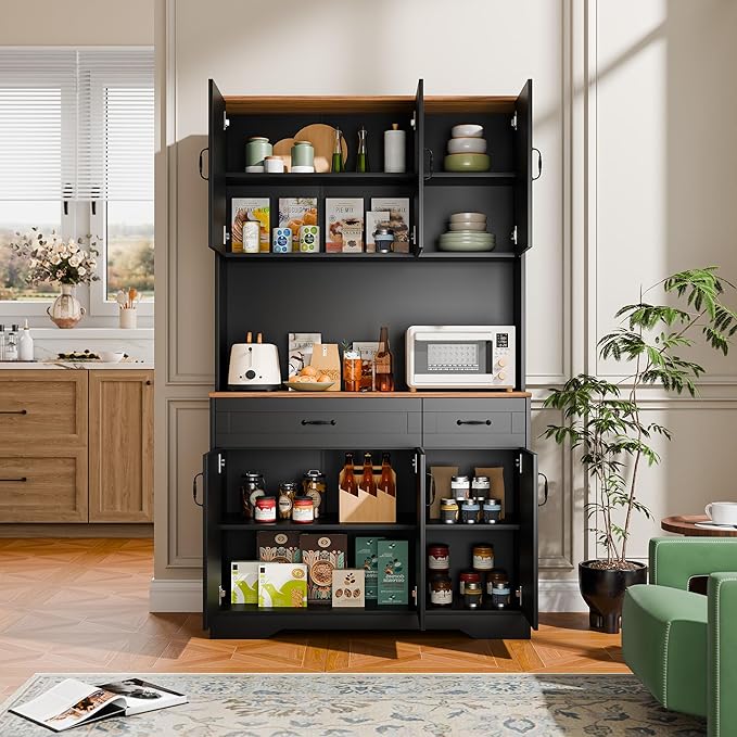 Cozy Castle 71" Tall Kitchen Hutch Cabinet with Drawers and Power Outlet, Farmhouse Pantry Storage Cabinet, Large Wood Coffee Bar Microwave Stand Cupboard for Dining Room Living Room, Black