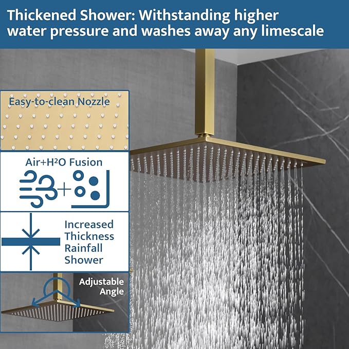 Shower System Brushed Gold, Push Button Diverter Shower Faucet with 3 in 1 Handheld, Ceiling Mount 12 Inch Shower Head with 6 Inch Wall Mount Shower Head