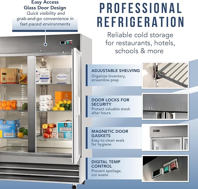 PEAKCOLD Double Glass Door Commercial Refrigerator - 47 Cubic Ft, 54" Wide Stainless Steel Reach-In Commercial Refrigerator with White Internal Lighting - Freestanding Industrial Fridge