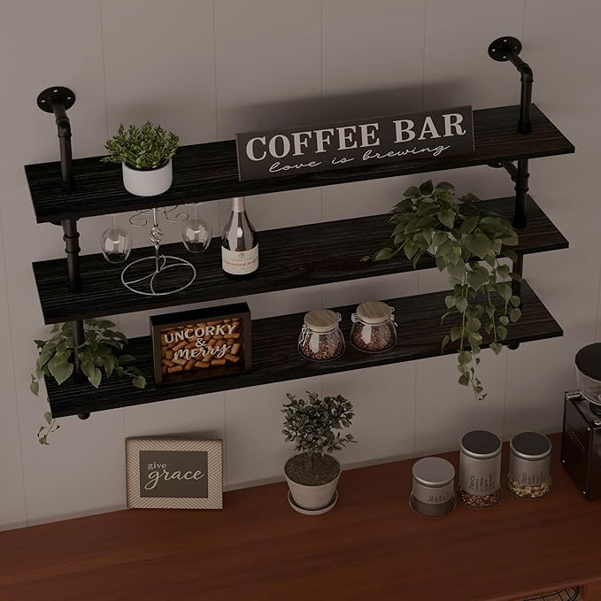 Industrial Pipe Shelving Rustic Black Wall Shelves with Wood Planks Industrial Floating Shelves 48 Inch 3 Tier Farmhouse Bookshelf Pipe Shelves Wall Mounted,Open Shelving For living room/office