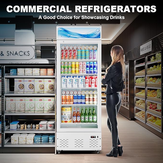 27”W Commercial Glass Door Display Refrigerator 15 Cu.ft White Cooler Beverage Bridge with LED Light and 5 Shelves for Cafe Restaurant Store Bar