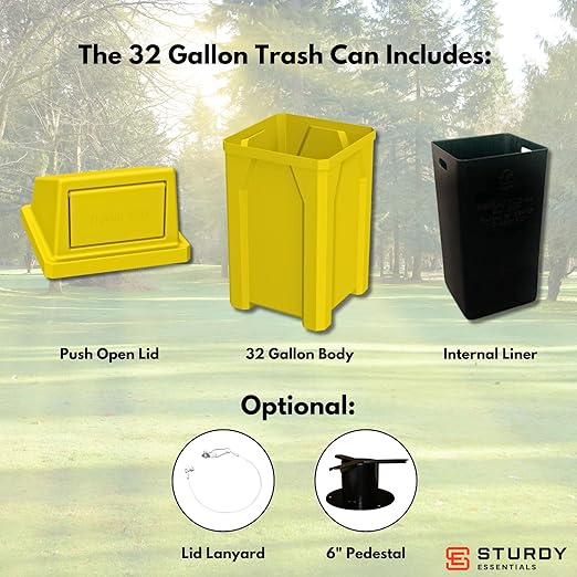 32 Gallon Square 100% Recycled Plastic Heavy Duty Indoor or Outdoor Commercial Trash Can with Push Lid | Great for Schools and Businesses - Yellow