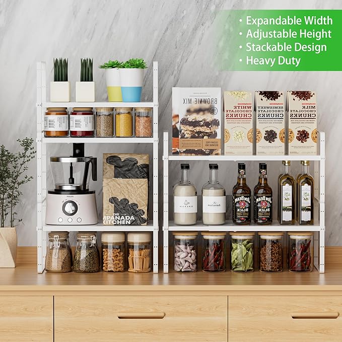Expandable Cabinet Storage Shelf Stackable Organizer Rack for Kitchen Bathroom Pantry Spice Cupboard Countertop Home Office Desk Heavy Duty Nonslip White Small 1 PACK