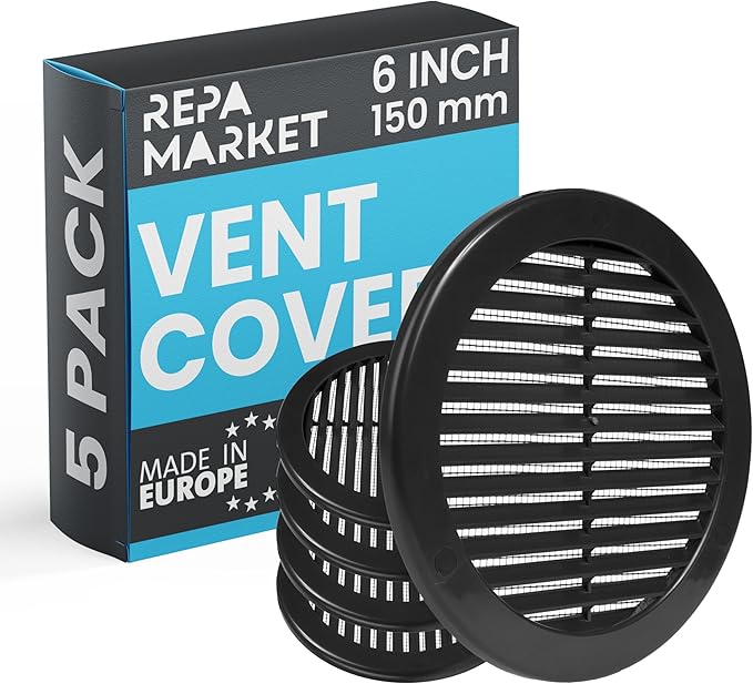 Repa Market 6 Inch (Opening) Black Round Air Vent Cover - Pack of 5 Plastic Fresh Air Intake Vent - AC Cover with Nylon Mesh Screen - Wall, Ceiling HVAC Return Air Register - Modern Soffit Vents
