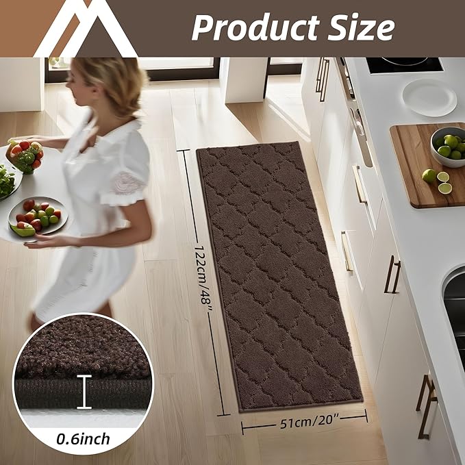 COSY HOMEER-Kitchen-Rugs 20"x48" Non-Slip Absorbent Soft Kitchen Runner Rug Polyester Kitchen Mats for Floor Washable Kitchens Standing Floor Mat for Sink Mat,Hallway,Laundry,Brown