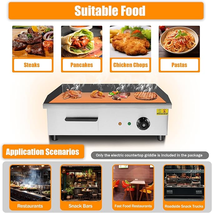 Electric Griddle, Electric Countertop Flat Top Griddle, 110V 3000W Stainless Steel Non-Stick Flat Top Grill, 122-572℉ Adjustable Temp Control for Restaurant Kitchen BBQ Pancake