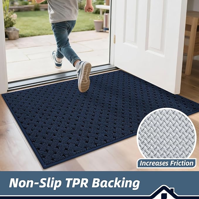 BEQHAUSE Dirt Trapper Door Mat Non-Slip Entryway Rugs Stain Resistant Absorbent Dog Doormats Woven-Look Washable Welcome Floor Doormat for Front Back Door, Muddy Wet Shoes & Paws, 32" x 48", Blue
