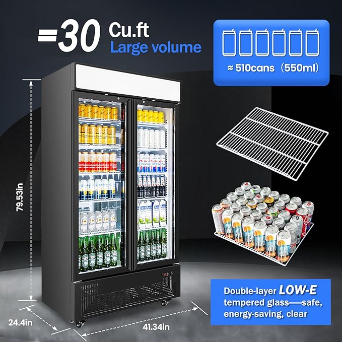 Commercial Merchandiser Display Refrigerator with 2 Glass Doors 30 Cu.ft Beverage Back Bar Cooler Black Drink Fridge for Convenience Stores, Supermarkets, Bars, Offices