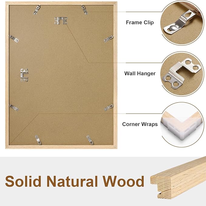 Vittanly 12x16 Picture Frame Set of 2, Solid Wood Frame for Wall Art Photo and Prints, Display Photo 8.5x11 with Mat or 12x16 without Mat, Natural