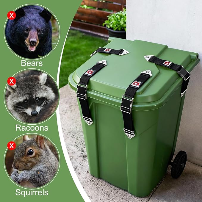 Windyun 4 Pcs Trash Can Locks for Animals Adjustable Metal Trash Can Lid Lock Claw Bear Proof Garbage Cans Straps Locks for Outdoor Animals Fits Multiple Sizes Cans