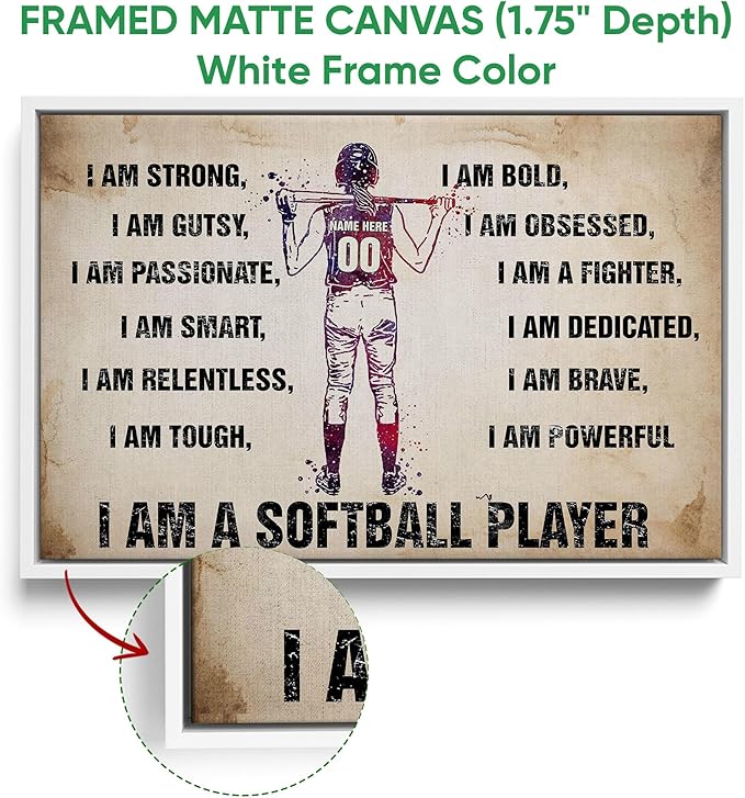 Custom I Am A Softball Player Gift For Her Softball Girl Room Personalized Name Number Poster & Framed Canvas, Wall Art Home Office Decoration Living Room Bedroom Aesthetic Decor