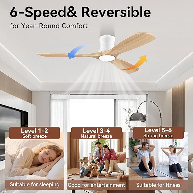 Smart 52” Wood Flush Mount Ceiling Fans with Lights and Remote,Quiet DC Motor,Outdoor Indoor Ultra Low Profile Ceiling Fan works with Alexa WIFI APP,Modern White Ceiling Fan for Bedroom Patio