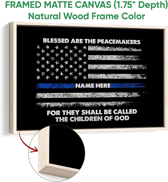 Personalized Police Poster & Framed Canvas, Blessed Are The Peacemakers Patriotic Home Office Decor, Custom Name Bedroom Living Room Aesthetic Wall Art Gift For Police Officers