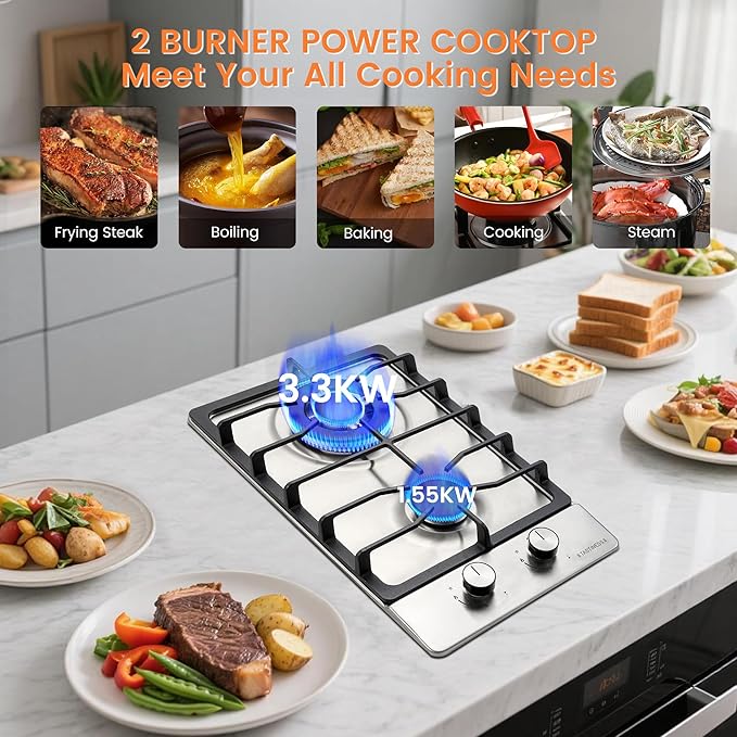12 Inch Gas Cooktop, Stove Top, Stainless Steel Bulit-in Kitchen Stove, NG/LPG Convertible Gas Stovetop with Thermocouple Protection
