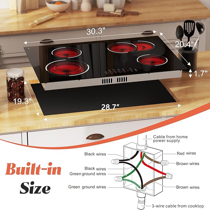 4 Burner Electric Cooktop, Built-in 30 Inch Electric Stove Top 6600W, Ceramic Stove Top with Expanded Zone, Touch Control, Child Lock, Timer, Pause Control, 220V - 240V Hard Wire, No Plug