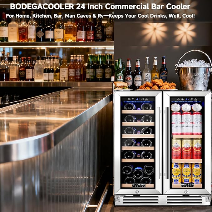BODEGA 24 Inch Wine and Beverage Refrigerator, Dual Zone Wine and Bar Beverage Cooler, Commercial Black Bar Cooler With 2 Glass Doors, Bar Fridge Hold 19 Bottles and 57 Cans,Built-In or Freestanding.