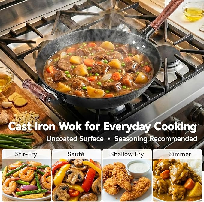 WANGYUANJI Cast Iron Wok Pan with Lid (12.6 Inch) - Handcrafted Flat Bottom Chinese Stir Fry Skillet for Induction, Electric & Gas - Walnut Wood Handle, No Coating