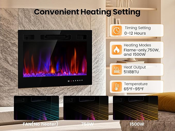 Electric Fireplace Insert 36" Realsmart 1500W Wall Mounted Fireplaces Recessed Heaters Remote Control Slim Black Fireplace Touch Screen Timer 12 Flame Colors LED Decor Low Noise