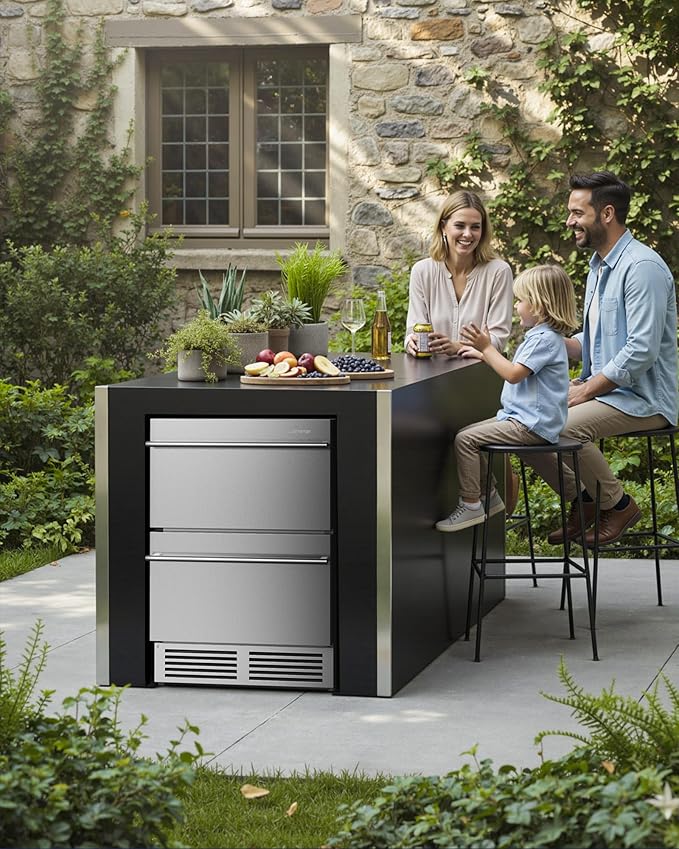 Upstreman 24 Inch Under Counter Double Drawer Refrigerator, Waterproof Stainless Steel Outdoor Refrigerator, Grid Organizers, LED Light, Built-in or Freestanding Beverage Fridge for Home/Patio -BR50D