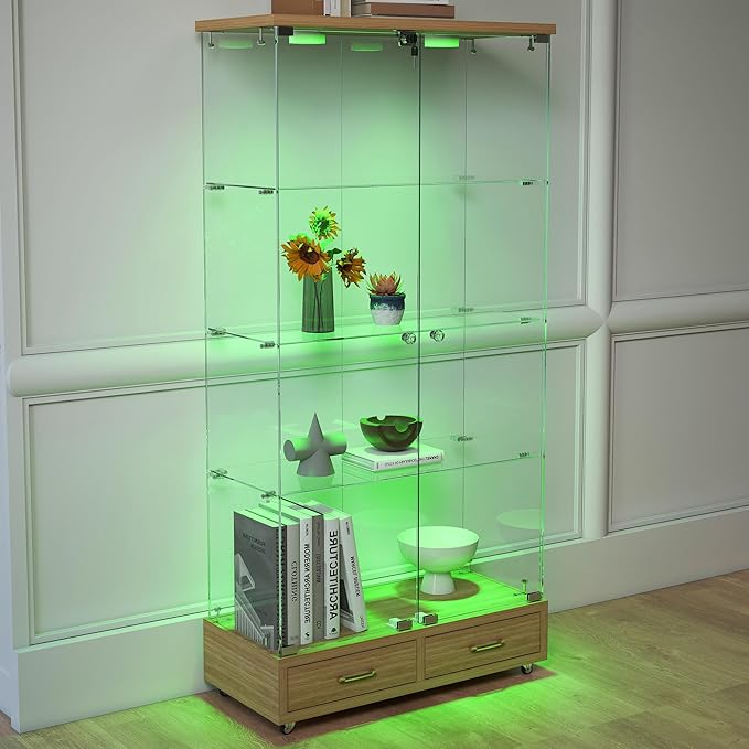 Yoluckea 4 Tier Glass Display Cabinet with LED Lighting and 2 Drawers, 2 Doors Floor Standing Curio Cabinet with Wheel for Home, Office,Corner Display,Natural Glass Bookshelf for Collections and Decor