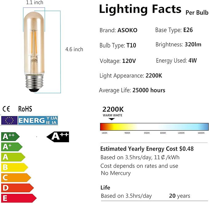 T10 LED Bulbs 2200K Warm White, 4W Amber Colored Tubular Edison Light Bulbs, E26 Medium Base,40 Watt Equivalent, Dimmable Tube Vintage Led Bulbs, LED Filament Bulb for Desk Lamp, Display Pendant Light