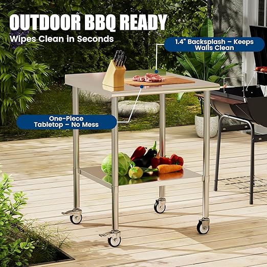 Stainless Steel Work Table with Wheels, 30x30 Inch NSF Food Prep Table with Backsplash & Adjustable Undershelf for Commercial Kitchen, Restaurant, Garage